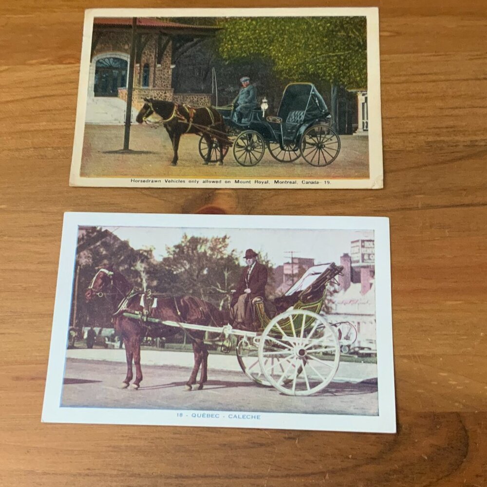 VINTAGE POSTCARDS - LOT OF 2 - HORSE DRAWN CARRIAGES IN MONTREAL & QUEBEC CITY